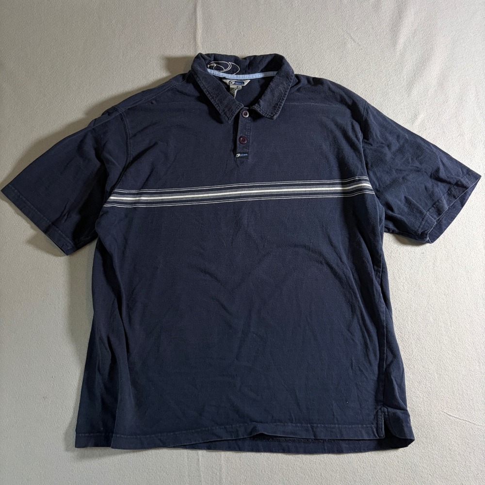 Realm Mens XL Navy‎ Blue Striped Short Sleeve Cotton Polo Shirt Y2K Surf Style